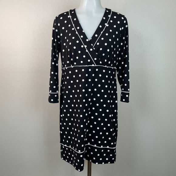 Lands' End Dress Small Black White Polka Dot Nylon Stretch Jersey Surplice Neck - Picture 1 of 12